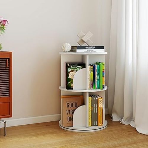 Rotating 2-Tier Bookshelf Tower, 360° Spinning Corner Bookcase with Lazy Susan, White Revolving Storage Carousel, Space Saving Organizer for Study Room, Home Office, Bedroom
