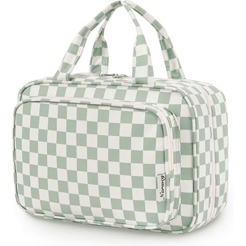 Narwey Travel Toiletry Bag for Women Large Hanging Makeup Bag Organizer Toiletries Bag for Full Size Essentials Accessories Cosmetics (Mint Green Checkerboard (Large))