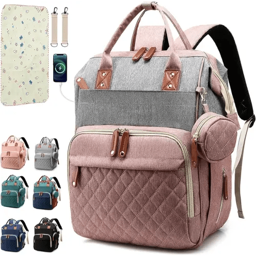 Diaper Bag Backpack Baby Bag, Baby Girl Boy Diaper Bag for Dad Mom with Pad, 16 Pockets, Pacifier Case, Large Diaper Bags Unisex for Travel(Pink Grey)