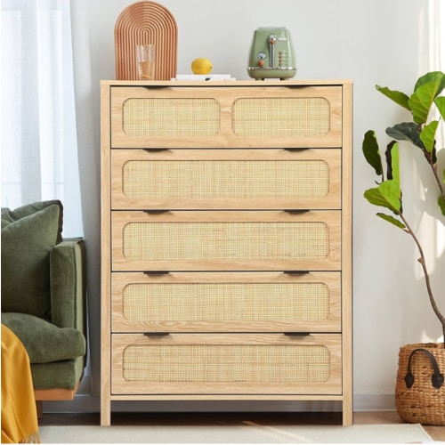 Amazon.com: LEVNARY 5 Drawer Chest Dresser, Rattan Tall Dresser 5 Chest of Drawers Dressers for Bedroom, Wooden Storage Cane Cabinet with Metal Handles for Living Room Hallway (Natural) : Home & Kitchen