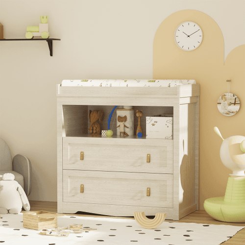 Modern Changing Table Dresser, Baby Dressing Table with 2 Drawers, 1 Open Storage Racks