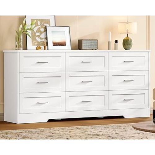 TEENFON 57.1"W White Dresser for Bedroom, Modern 9 Drawer Dresser with Metal Handles, Wood Dressers & Chest of Drawers, Wooden Closet Clothes Storage Organizer for Bedroom, Living Room, Hallway, White