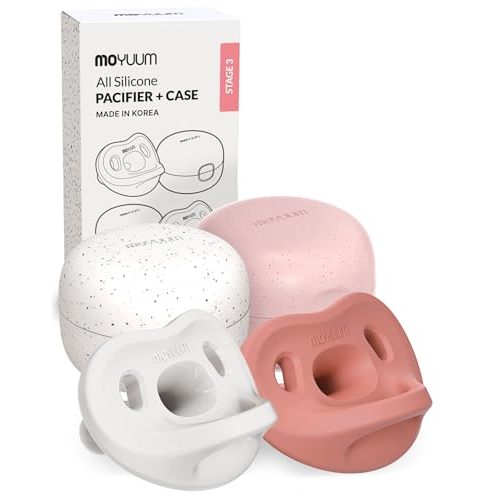 Moyuum Silicone Macaron Pacifier | Made in Korea, BPA Free One-Piece Design Baby Soother, Soft Orthodontic Shape with Air Holes, 2 Pack with Travel Case, Babies 6+ Months (Raspberry + White, Stage 3)
