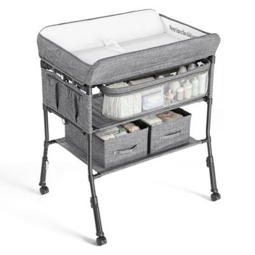 Kinder King Portable Baby Changing Table with Wheels, 4-Level Adjustable Height, Foldable Diaper Station with Storage, Gray
