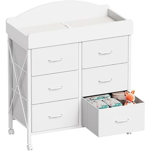 YeTom Changing Table Dresser, 6 Fabric Drawers, Mobile Storage,White