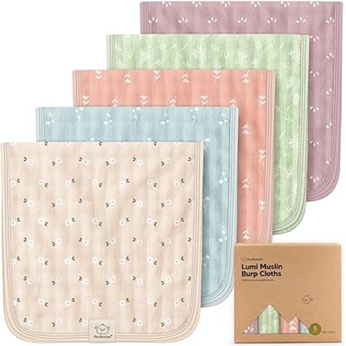 5-Pack Cotton Muslin Burp Cloths Baby Girls, Boys - Soft & Absorbent Spit Up Burp Rags, Large Muslin Towel, Cotton Wash Cloths for Babies, Newborn, Infant, No Shrink, Durable, Neutral (Bloom)