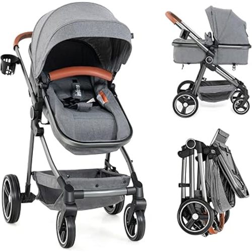INFANS 2 in 1 Baby Stroller, Newborn Convertible Stroller Bassinet for Infant, Foldable High Landscape Shock Absorption with Reversible Seat, Aluminum Structure for Toddler Pushchair 0-36 Month