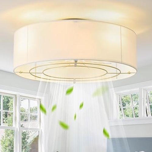 Low Profile Ceiling Fans with Lights, 20" Flush Mount Ceiling Fan with Light, Boho Bladeless with 6 Speeds, Rattan Remote Control for Bedroom, Nursery, Living Room