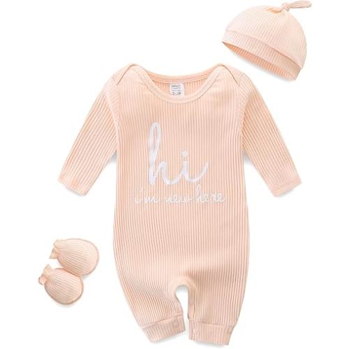 Baby Romper with Baby Mittens & Newborn Hats Footless Long Sleeve Solid Onesie Hi Im New Here