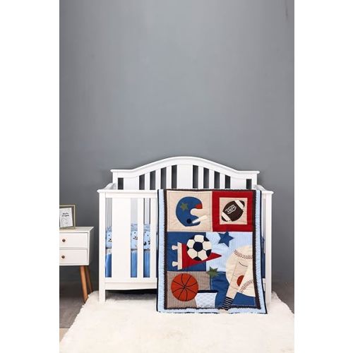3 PCs Blue Sport Nursery Crib Bedding Set Baby Boy Sports Theme Cot Bedding Set 1 Quilt 1 Fitted Sheet 1 Skirt, Blue , Red , Brown, 28 X 52