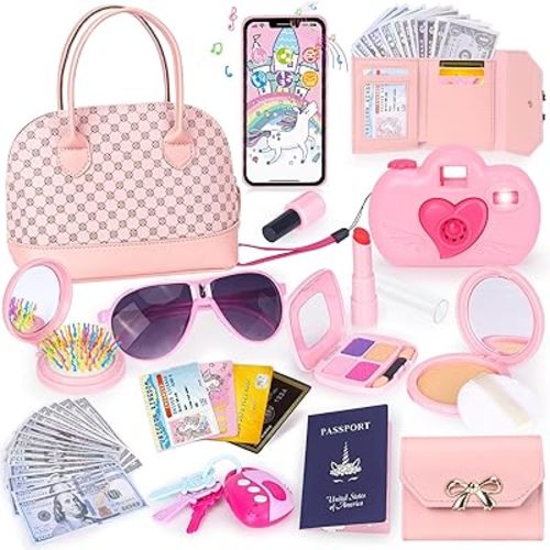 Play Purse for Little Girls, 35PCS Toddler Purse with Pretend Makeup for Toddlers, Princess Toys Includes Handbag, Phone, Wallet, Camera, Keys, Kids Purse Birthday Gift for Girls Age 3 4 5 6+