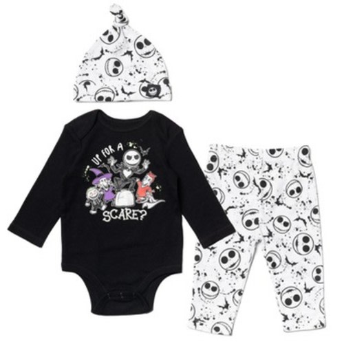 Disney Nightmare Before Christmas Zero Sally Jack Skellington Baby Bodysuit Pants and Hat 3 Piece Outfit Set Newborn to Infant, Color: Black / white, Size: 18 months