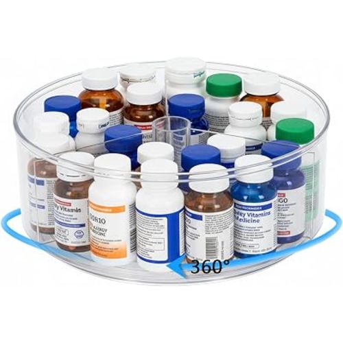 Lazy Susan Turntable Organizer, Plastic Round 360° Medicine & Vitamin Storage Tray, Rotating Pill Bottle Organizer for Bathroom Cabinet, Kitchen Countertop, Pantry, Vanity, Clear