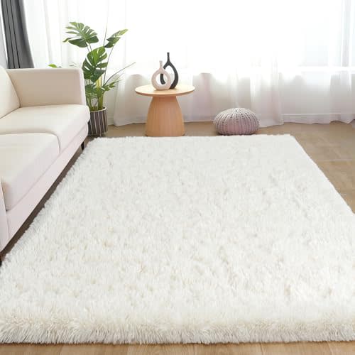 Rug for Living Room Bedroom, 5x7 Area Rugs for Living Room, Ultra Soft Modern Shaggy Carpets Fuzzy Rug for Boys Girls Dorm Nursery Home Decor Aesthetic, Upgrade Non-Slip Durable, Cream White