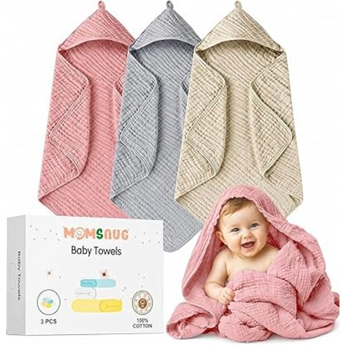 3-Pack Muslin Hooded Baby Towels, Rose+Grey+Apricot, 35" X 35"