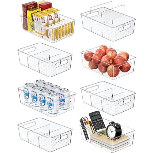 Pantry Organizers and Storage, 8 Pack Snack Organizer for Pantry Shelf,Food Storage Bins with Divider,Clear Containers for Organizing,Transparent Plastic Basket,Refrigerator and Fridge Bins