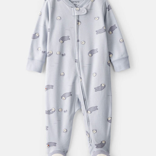 Grey Baby Print 100% Cotton Long-Sleeve Snug Fit Sleeper - Blue | Carter’s Oshkosh Canada