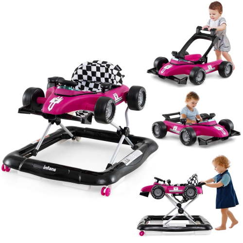 OLAKIDS 4 in 1 Baby Walker, Foldable Toddler Activity Center with Adjustable Height, Padded Seat, Music, Light, Removable Toy Tray, Push Walker for Girls Boys Aged 6-18 Months