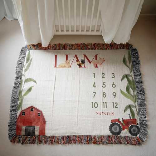 Custom Farm Milestone Blanket Farm Theme Baby Boy Month Blanket Nursery-Farm-Decor Farming Woven Blanket Gift Baby Shower Farming Nursery