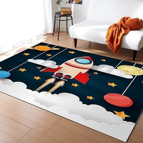 Cartoon Rocket Ship Area Rug, Cosmic Planetary Space Station Cartoon Print Rugs, Easy Clean Washable Non-Slip Carpet for Boys and Girls Nursery Bed Living Room Carpets Nursery Decor,3 x 4ft