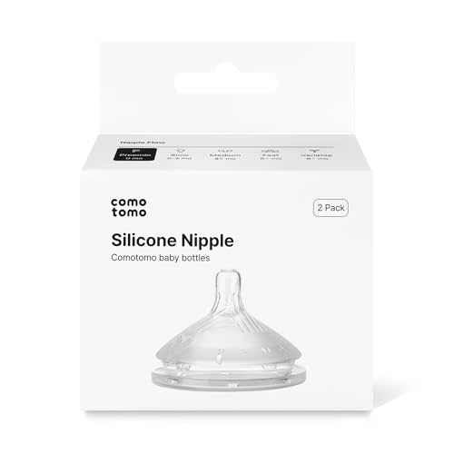 Comotomo Silicone Replacement Nipples for Baby Bottle Gen 2 (2026 Release) - Soft, Silicone Nipples with Dual Anti-Colic Vents Designed for Natural Latch (Pack of 2), Preemie Flow (0+ Months)