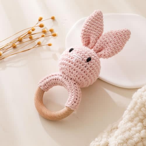 Wooden Baby Rattle,Crochet Bunny Rattle with Wood Ring, Newborn Wooden Animal Rattle Toy,Infant Pink Bunny Wood Rattle Toys
