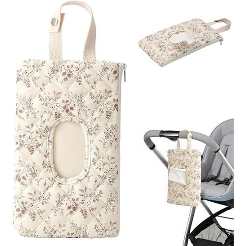Baby Wipe Holder, Floral Quilted Dispenser Pouch Portable Mommy Bag for Travel Stroller Daily Casual (Beige)