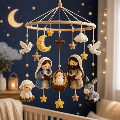 Nativity Baby Mobile, Christian Nursery Decor, Crochet Jesus Birth Crib Mobile, Neutral Baby Room Decor, Baby Shower Gift