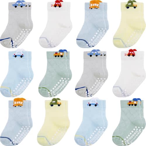 Non Slip Grip Ankle Baby Socks 12 Pack for Toddler Boys and Girls Kids,Infant Cute Cotton Baby Socks