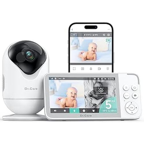Dr.Care VistaView Smart WiFi Baby Monitor - 5” 1080P Split Screen & 2K Camera App Control, Cry & Motion Alerts, HD Night Vision, 5000mAh Battery, 2-Way Talk, Multi-User, Triple Security, 1279ft Range