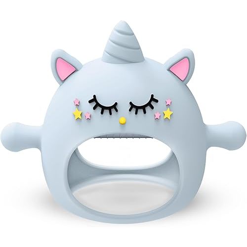 Teething Toys for Babies 0-6 Months, Tinabless Unicorn Never Drop Silicone Teether for Babies 6-12 Months, Hand Pacifier for Breast Feeding Baby, Baby Chew Toys Freezer Safe for Newborn, Blue