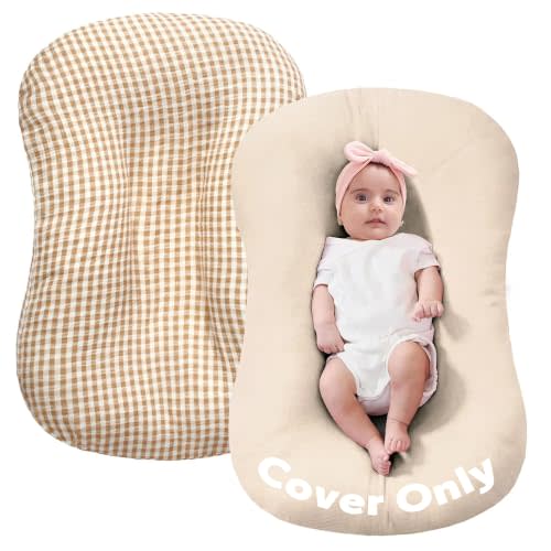 FUNUPUP Muslin Baby Lounger Cover Only, Beige & Plaid | 100% Muslin Cotton Soft Breathable Easy On/Off Envelope Closure Machine Washable Easy-Clean Protector Neutral Colors