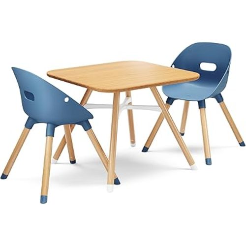 Lalo The Play Kit - Kids Table & Chairs Set with Sustainably Sourced Wood Table & 2 Non-Toxic Bucket Seat Chairs - Safe & Comfortable - Natural/Blueberry