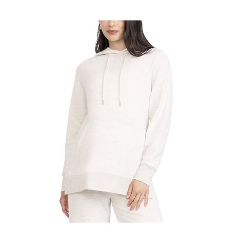 Motherhood Maternity Women's Long Sleeve Fleece Tunic Pullover Pregnancy Hoodie with Side Slits and Kangaroo Pocket, Heather Oatmeal, Large