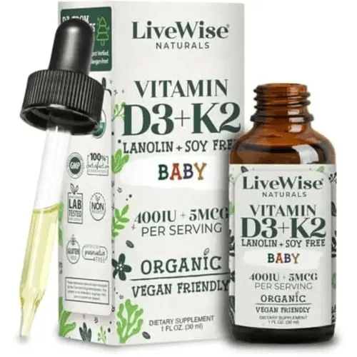 LiveWise Naturals – Baby D3-K2 Liquid Drops, Promotes Brain Development, Bone Health, and Overall Wellness for Kids and Toddlers, Glass Bottles and Droppers, D3 Sourced from Pine Trees