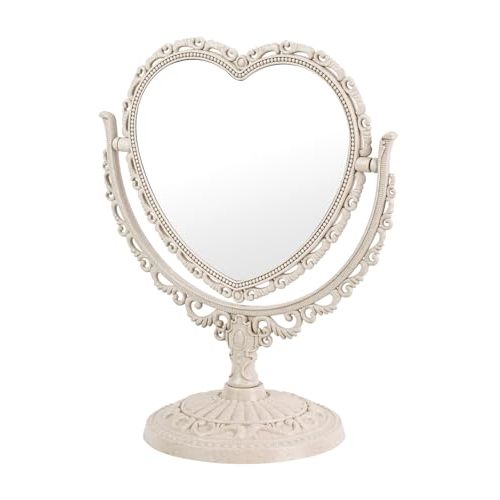 Heart Shaped Cute Vanity Princess Mirror for Desk,Double-Sided Rotatable Table with Stand Downtown Girl Room Coquette Decor (Beige)