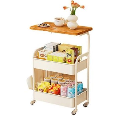 3 Tier Rolling Utility Cart with Wooden Table Top, Heavy Duty Metal Pantry Snack Bedside Cart with Lockable Wheels for Dorm, Living Room, Apartment