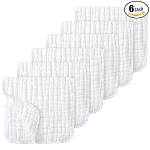 Looxii Muslin Burp Cloths Baby Girl 6 Pack - 20" x 10" - Ultra Soft & Absorbent, 6-Layer 100% Cotton for Spit Up & Drool- Gentle Baby Burping Cloth, Newborn Essentials Shower Gift Girl, White