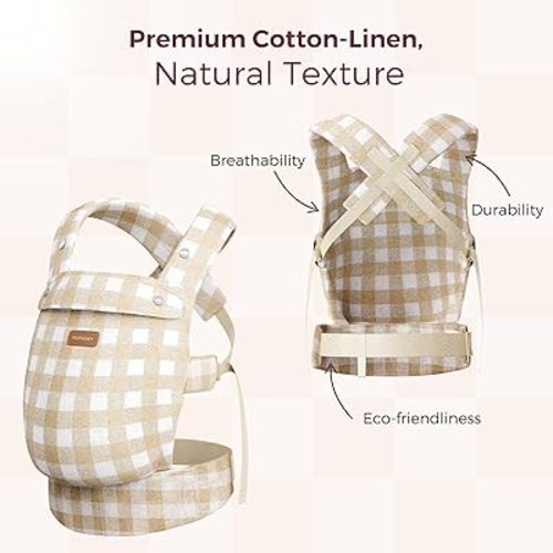 Momcozy Baby Carrier with Natural Cotton Linen, Built to Last, Ergonomic Design, Lightweight and Comfortable, Hands-Free for Moms&Dads, Brown Checkerboard