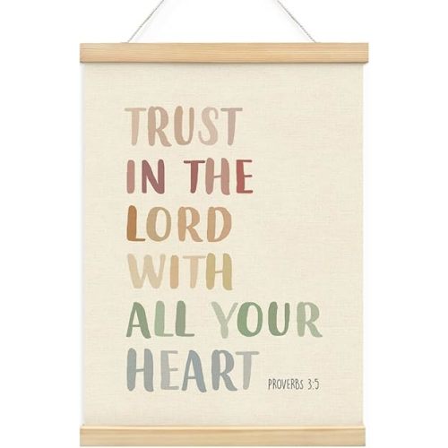 Wheatwin Bible Verse Wall Art with Wooden Poster Hanger, Sunday School Decorations for Classroom, Motivational Christian Religious Boho Decor for Nursery Classroom Playroom Bedroom, Proverbs 3:5