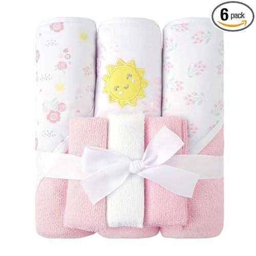 Viviland Baby Towels and Baby Wash Cloths Set Hooded Baby Towels Baby Wipes Absorbent Bath Face Towels Burp Cloths or Face Towels for Girl Boy 6-Pack Size 28 x 28 Inch(Sunshine)
