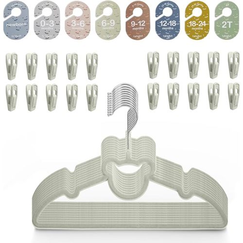 Velvet Baby Hangers with Clips – Organize Baby Clothes by Age with Size Dividers – Save Closet Space for Newborn to Toddler Outfits – Perfect Nursery Must-Have (Moonstone)