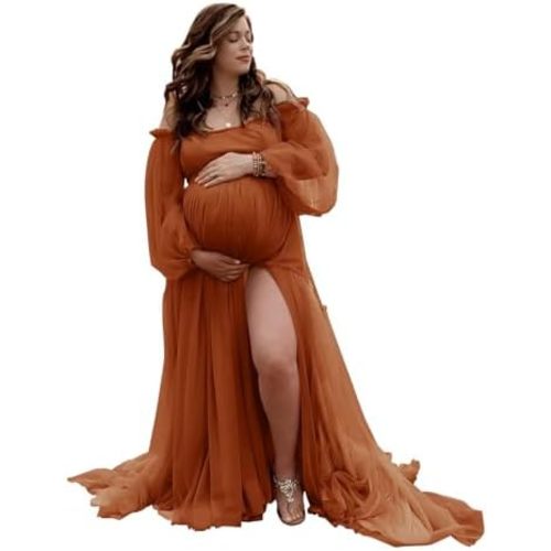 Verngo Tulle Maternity Dress for Photoshoot Long Sleeve Off Shoulder Slit Pregnancy Gown Baby Shower Dresses