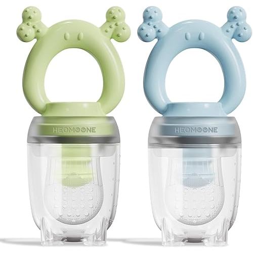HEOMOONE Silicone Baby Fruit Feeder 2 Pack, Baby Mesh Teethers, Breastmilk Popsicle Molds for Teething Relief, Fresh Food Feeder for Safe Infant Self Feeding (Blue & Green)