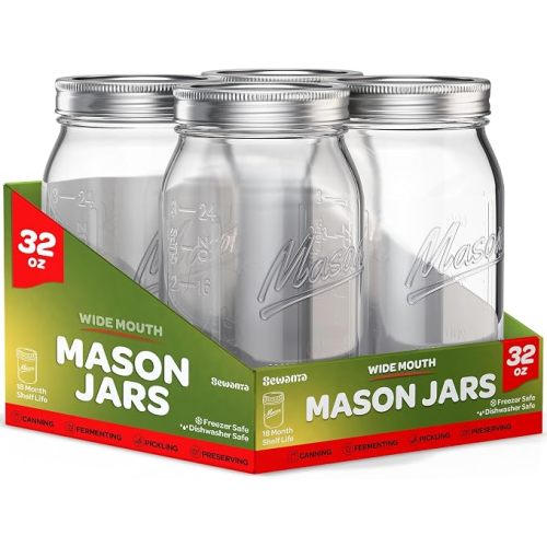 SEWANTA Wide Mouth Mason Jars 32 oz [4 Pack] With Mason Jar Lids and Bands, Mason Jars 32 oz - For Canning, Fermenting, Pickling - Jar Decor - Microwave/Dishwasher Safe.