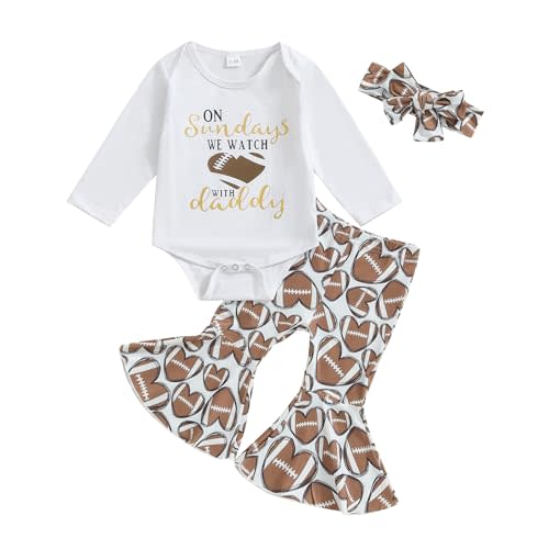 Lamuusaa Newborn Baby Girl Football Outfit Long Sleeve Romper Football Flared Pants Headband Fall Outfits 0-18M