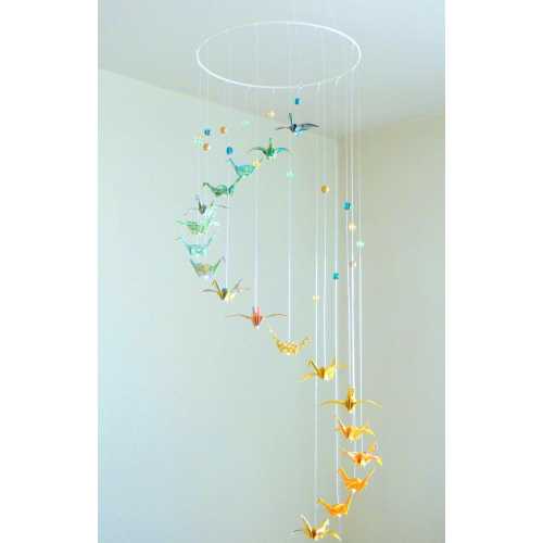 Origami mobile baby, spiral with cranes and glass beads, in green, yellow, golden tones