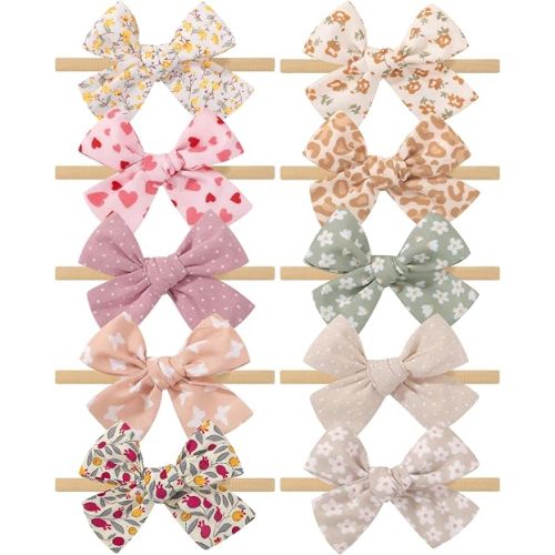 doboi 10PCS Baby Girls Headbands Hair Bows Nylon Linen Hairbands Handmade Hair Accessories for Newborn Infant Toddlers Little Girl and Kids 3.5Inches