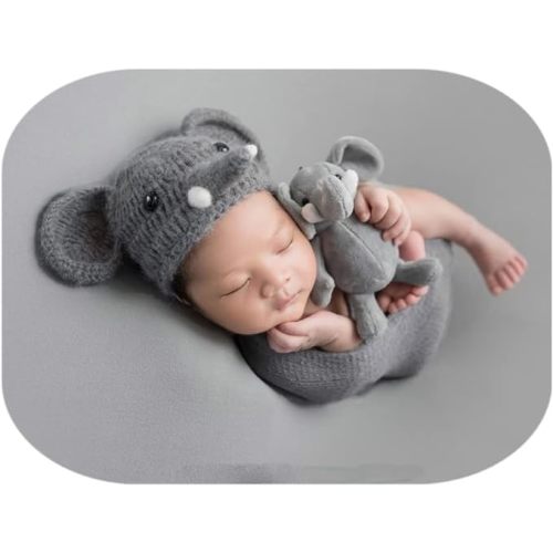 Vemonllas Newborn Photography Wrap Stretch Blanket Baby Photo Props Mohair Elephant Hat Newborn Photoshoot Outfits - Gray