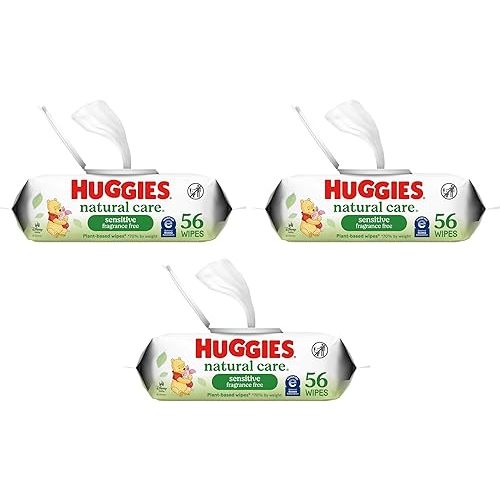 Huggies Natural Care Sensitive Baby Wipes, Unscented, Hypoallergenic, 99% Purified Water, 1 Flip-Top Pack (56 Wipes Total) (Pack of 3)